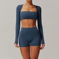 Three-piece yoga set in dark grey blue featuring sports bra, shorts, and long sleeve shrug - S / Top And Bottom / Navy Blue