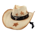 Detail of straw cowboy hat with metallic bull head emblem and vintage star pattern - M (56-58cm) / Beige