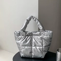 Chic silver padded down tote bag with metallic quilted texture and top handle - Silver