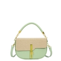 Green and beige patchwork box bag in faux leather and woven straw with gold chain - Green