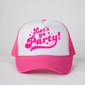 Pink and white Let's Go Party foam trucker hat with breathable mesh and party print - One Size / Rose Red