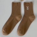 Brown rib-knit cotton crew socks with cute white rabbit embroidery for women - One Size / Khaki