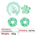 Mint green plush headband set with wavy edge, wristbands, flower clip, and scrunchies - 5-flower Six-piece Set In Green