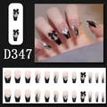 Long ballet press-on nails with 3D bows, pearls, and heart crystals in black and white - Long Coffin 3D Black Bow Style (D347) / Glue Type