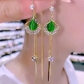 Long gold tassel earrings with green cat-eye stone and sparkling pavé crystal accents - Green Cat Eye Tassel / Green