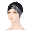 Detail of the black turban hat featuring a silver-grey criss-cross braided front design - Shiny Dark Grey
