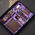 7-piece men's business gift set featuring brown leather watch, belt, and wallet in purple silk - 8-Piece Coffee Set (Belt + Wallet + Watch + Perfume + Beads + Keychain + Pen + Gift Box)