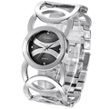 Silver women's bangle watch featuring a black dial with rhinestones on a white background - Silver Black