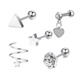 5-piece silver stainless steel geometric stud earrings set featuring heart and star designs - Set 12 (Silver/Full Drill Heart/Helix Star/Rose)