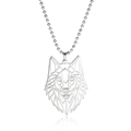 Detailed close-up of a silver geometric hollow wolf head pendant on a bead chain necklace - Bead Chain / Steel
