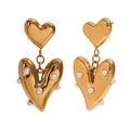 18K gold plated stainless steel heart earrings with pearl accents on a white background - Gold