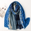 Blue mixed floral cotton linen scarf with tassels and artistic patterned patchwork - Blue