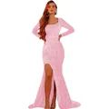 Pink sequin long sleeve evening gown with high slit and elegant fishtail silhouette - US size 2 (S) / Top And Bottom / Pink