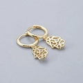 Macro view of gold S925 sterling silver hoop earrings with Hamsa Hand pendant charms - Palm Hamsa Earrings-Gold