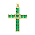 Cross pendant in golden finish with green and white square zirconias on white background - Pendant 76 (Gold Green Stone Luxury Cross)