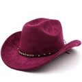 Detail of dark rose suede cowboy hat with braided leather band and ethnic beads - M (56-58cm) / Burgundy
