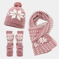 Close-up of pink knitted winter set featuring white snowflake pattern and soft textures - Half Finger Gloves Style / Lotus root pink