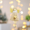 Angelo di Natale in peluche marrone con ali dorate glitterate e testa di legno - Ciondolo Angelo di Cuore in Peluche Cachi
