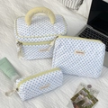 Three-piece quilted white cosmetic bag set with blue dots and yellow zipper straps - Blue Polka Dot