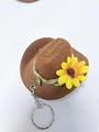 Miniature brown felt cowboy hat keychain with yellow sunflower detail and silver ring - Brown Hat + Sunflower
