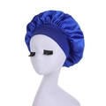 Detail of royal blue satin sleep cap featuring a high-elastic wide band for hair protection - One Size / Sapphire Blue