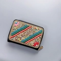 Bohemian black leather card holder with colorful handmade beadwork and gold chain trim - No.06 (Striped Floral)