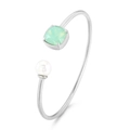 Zilveren open C-vormige armband met vierkante muntgroene steen en witte parel - Watergroene Edelsteen + Zilver (KB123028-K)