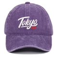 Close-up of vintage washed purple baseball cap with 3D Tokyo embroidery and red Kanji text - Purple