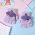 Cute purple polka dot knitted flip-top gloves with velvet lining and bow for kids - 3-9 Years / Light Purple