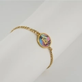 Golden stainless steel chain bracelet featuring a round pendant with letter E and colorful inlay - Abalone Shell / Letter E / Colorful
