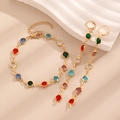 Detailed set of colorful gemstone bracelet and long earrings with gold alloy metal base - Bracelet+Earrings