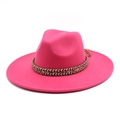 Detail of magenta fedora hat featuring an ethnic woven band and wide flat brim - M (56-58cm) / Rose Red