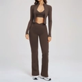 Donkerbruine 3-delige yogaset voor dames met ritsjasje, sportbeha en flared legging - S / koffiekleur