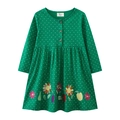 Meisjesjurk met lange mouwen in bosgroen met witte stippen en geborduurde details - 3T (Aanbevolen Hoogte 90-95cm) / Bosgroen Polka Dot Borduurwerk