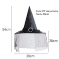 Black Halloween witch hat with lace trim and star moon print veil, 54cm height prop - One Size / Black