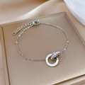 Elegant stainless steel double ring chain bracelet with roman numerals and white zircon - Silver (M110 Silver)