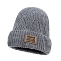 Grey chunky cable knit beanie with warm fleece lining and vintage faux leather patch - Dark Gray