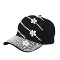 Black baseball cap with diagonal rhinestones and white flowers, sparkling brim detail - L (58-60cm) / Black