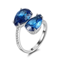 Elegant S925 sterling silver ring featuring dual blue pear-shaped cubic zirconia stones - Lzr30-p