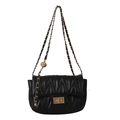 Classic black quilted crossbody bag with golden chain strap and wavy embroidery detail - Black
