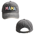 Detail of distressed charcoal baseball cap featuring colorful MAMA chenille embroidery - Grey (Colorful MAMA)