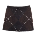 Gonna in maglia marrone scuro da donna con motivo a rombi e vita elasticizzata - S / Minigonna