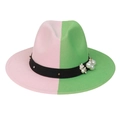 Detail of pink and green wool felt hat with black ribbon, pearls, and metal studs - Green Pink With Pearls
