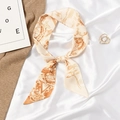 Elegant ivory skinny silk scarf with vintage orange butterfly pattern tied in a bow - Letter V - Beige Orange Brown Animal