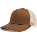 Cappello trucker marrone e beige con rete traspirante e visiera curva in vista laterale - Cachi Scuro E Beige