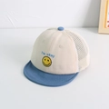 Detail of baby mesh sun hat with smile face embroidery and breathable blue fabric - 48cm (Recommended 6 months-2 years old) / Blue