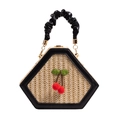 Chic straw woven handbag with black ruffled handle and cute cherry decor for summer style. - Black