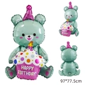 Green bear foil balloon holding a pink birthday cake, 97x77.5cm party decoration - Green Bear with Birthday Cake