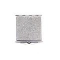 Detailed close-up of a square folding mirror featuring sparkling rhinestones on silver metal - White