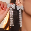 Sparkling silver bow knot earrings with long five-row rhinestone tassels for women - Silver Bowknot Tassel